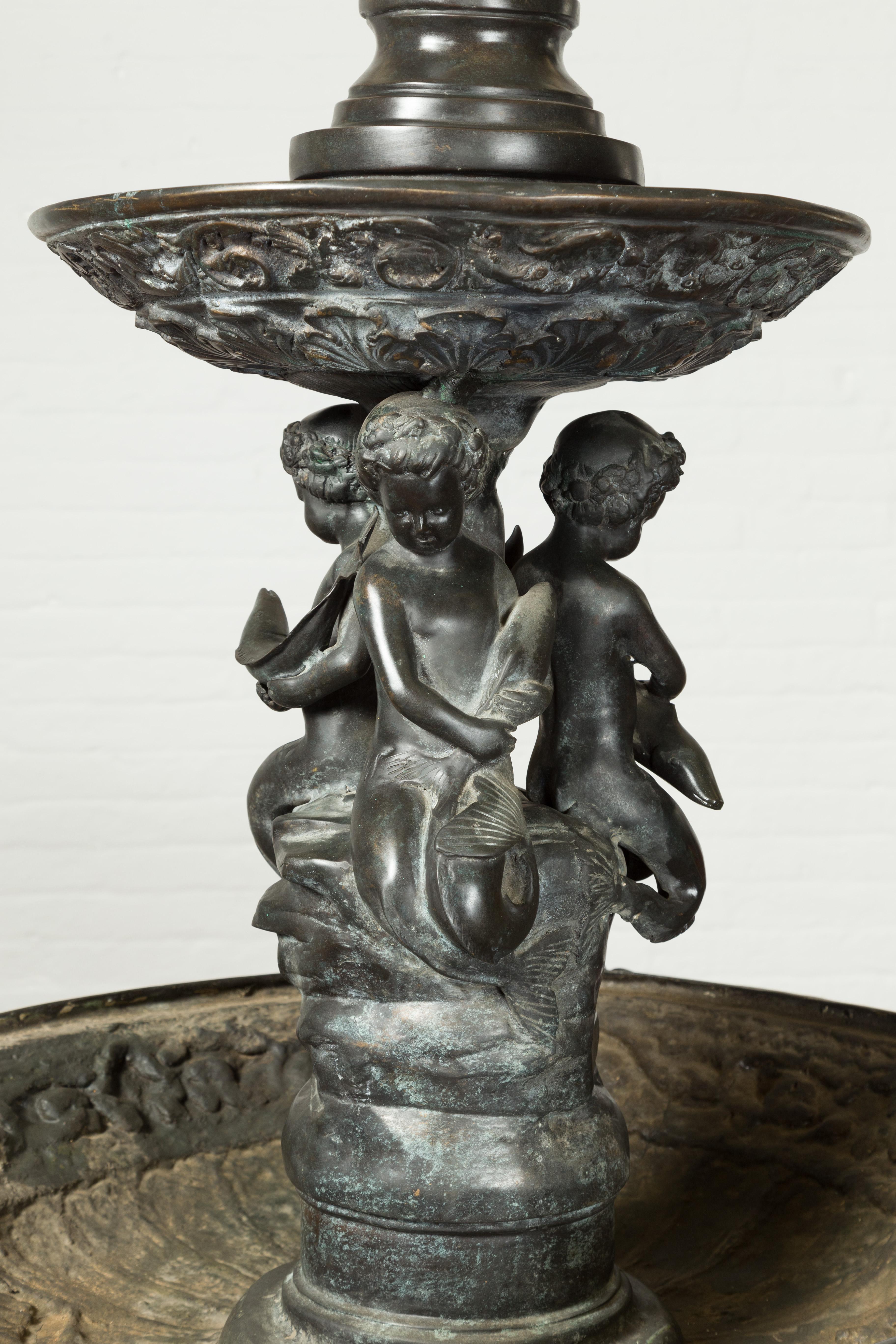 Vintage Greco-Roman Style Cast Bronze Fountain with Nymph, Tritons and Putti For Sale 3
