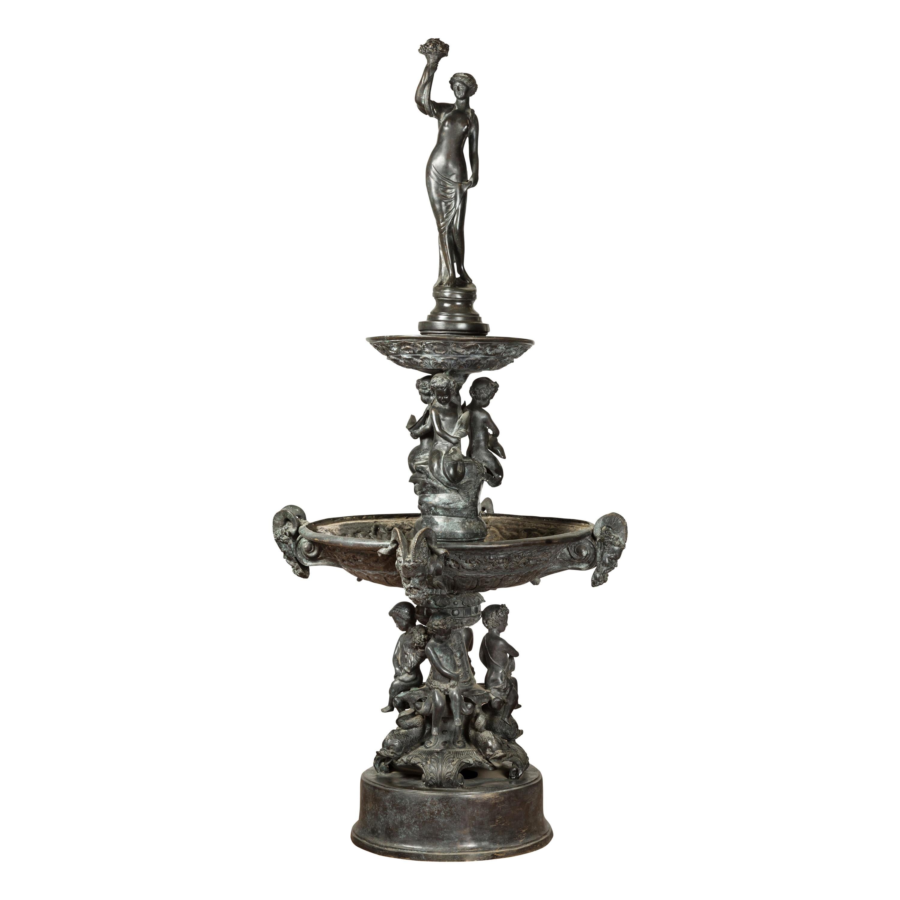 Vintage Greco-Roman Style Cast Bronze Fountain with Nymph, Tritons and Putti