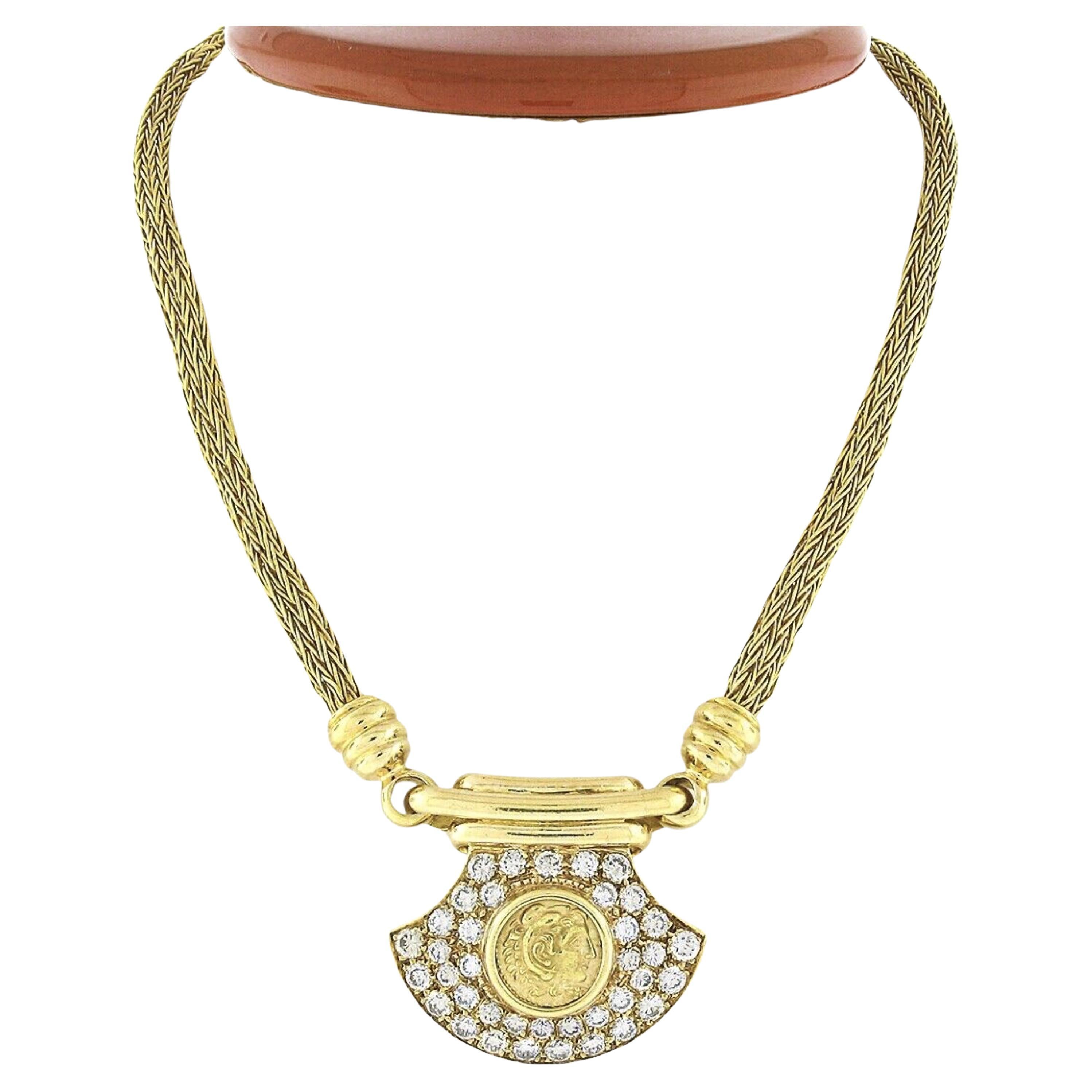 Vintage Griechische Vintage 18 Karat Gold Alexander der Große 4 Karat Diamant Breite Weizenglieder-Halskette