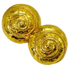 Vintage Greek 18K Yellow Gold Hammered Finish Nautilus Design Dome Earrings