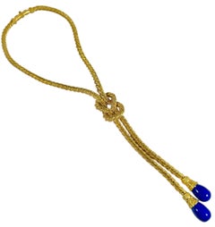 Vintage Greek 18K Gold Lariat Halskette mit Lapis-Lazuli Quasten