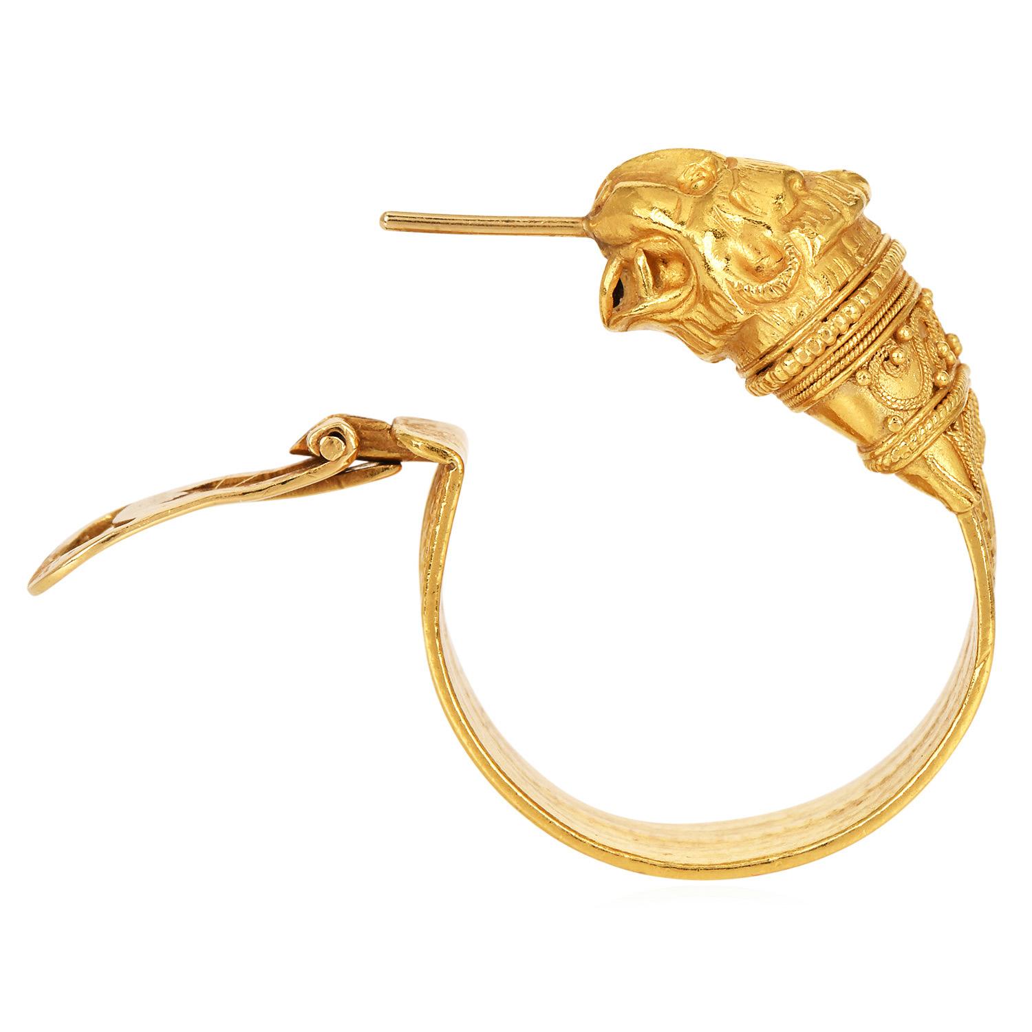 Women's Vintage Greek  21K Gold Lion Head Hoop Earrings For Sale