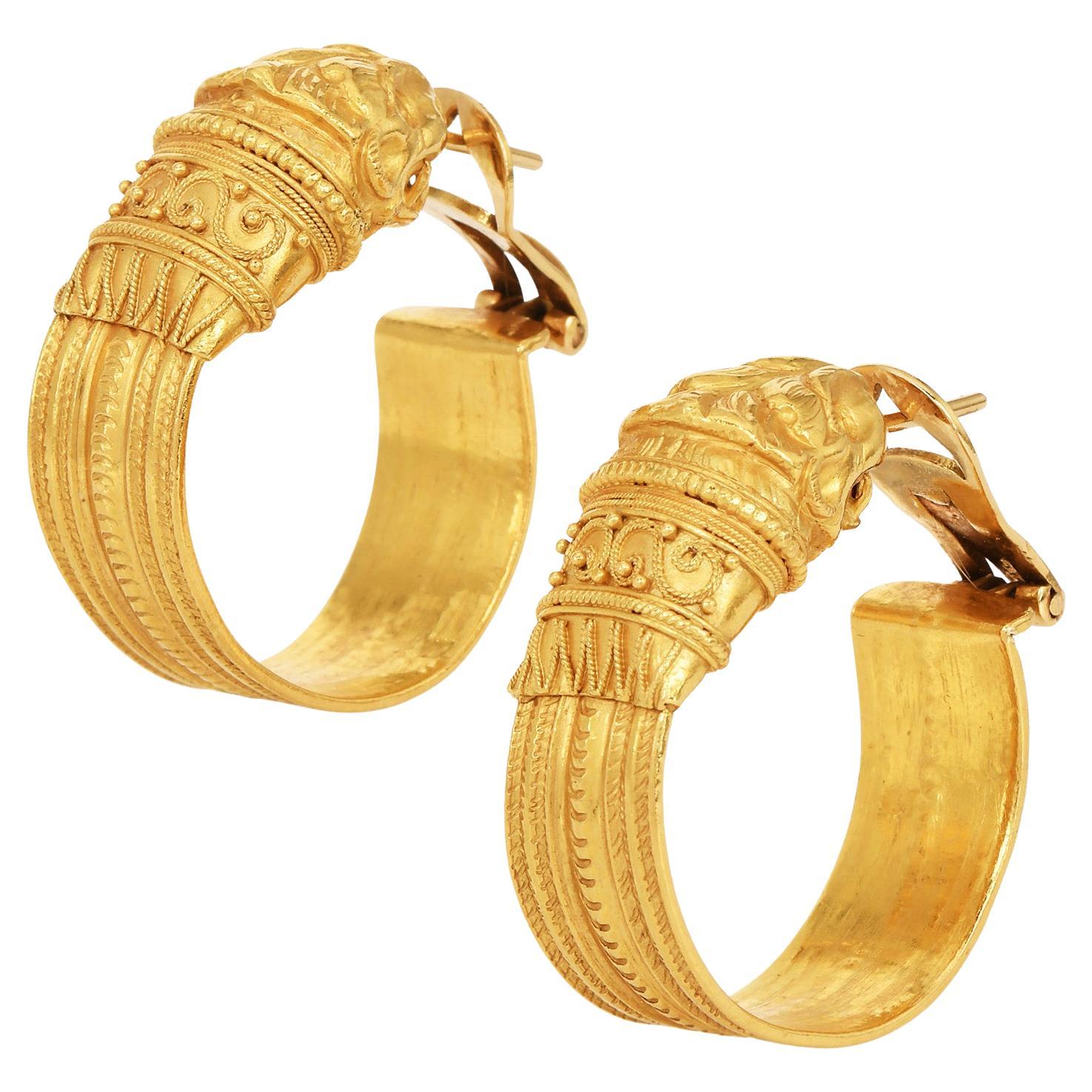 Vintage Greek  21K Gold Lion Head Hoop Earrings