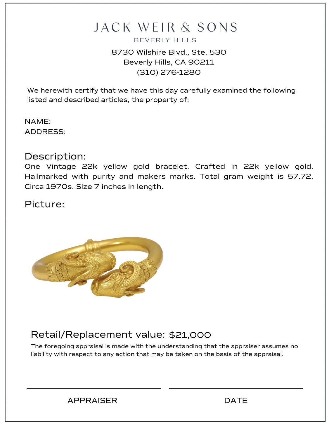 Vintage Greek 22k yellow gold ram head bangle im Angebot 2