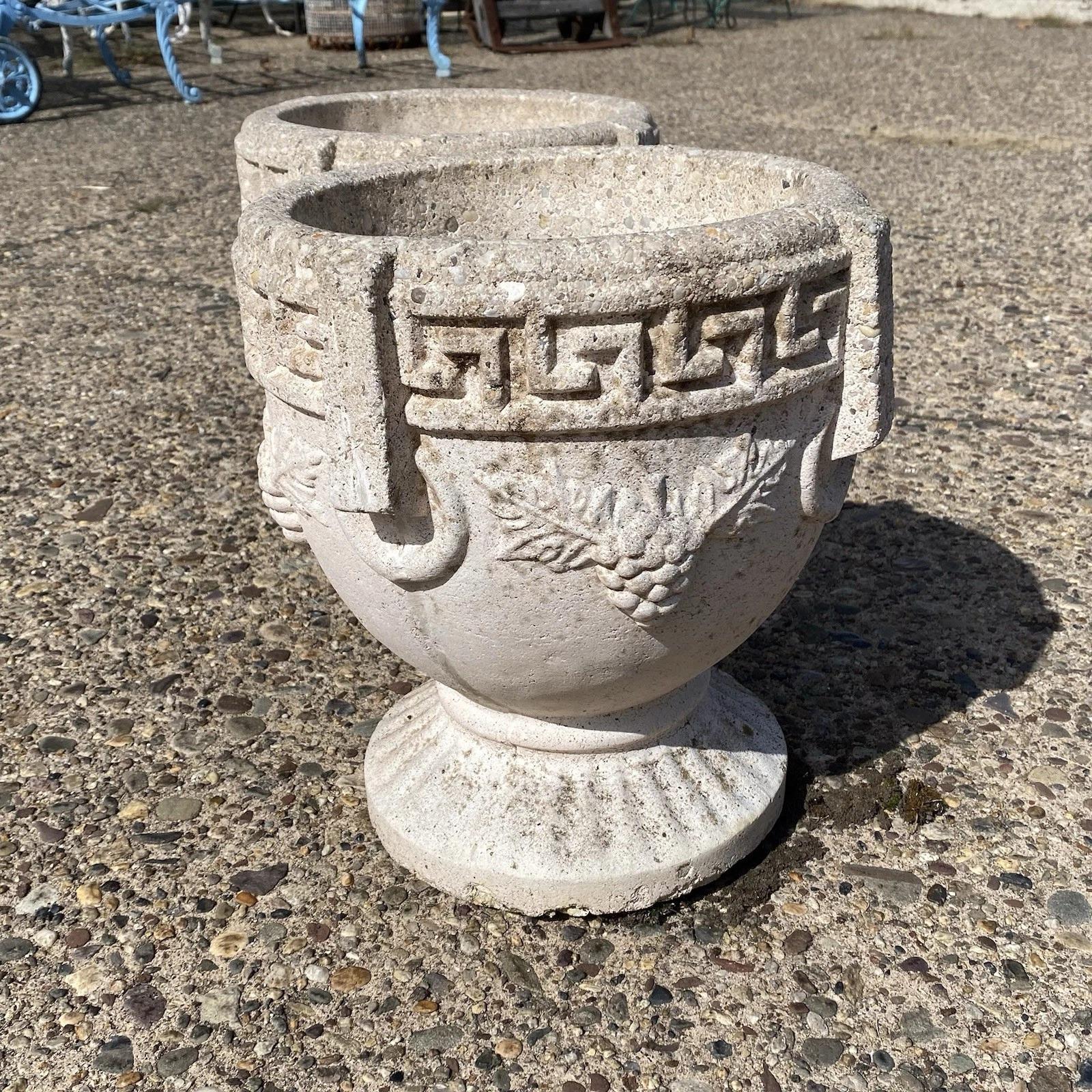 Vintage Greek Classical Style Concrete Greek Key Garden Flower Planter Pot, Pair In Good Condition For Sale In Philadelphia, PA