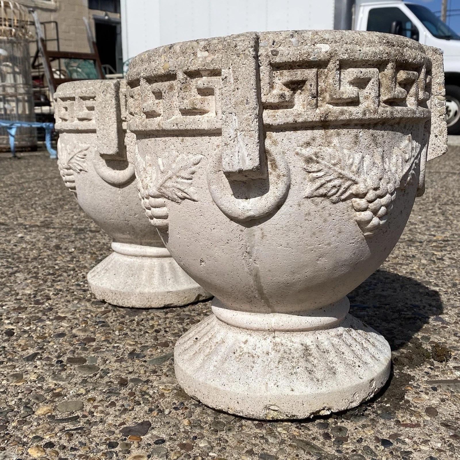 Vintage Greek Classical Style Concrete Greek Key Garden Flower Planter Pot, Pair For Sale 2