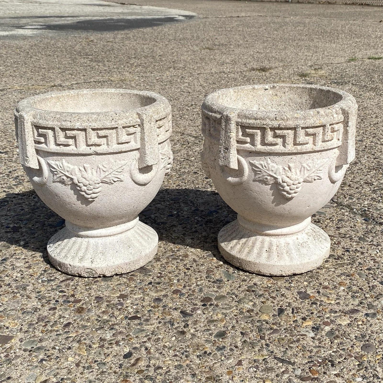 Vintage Greek Classical Style Concrete Greek Key Garden Flower Planter Pot, Pair For Sale 3