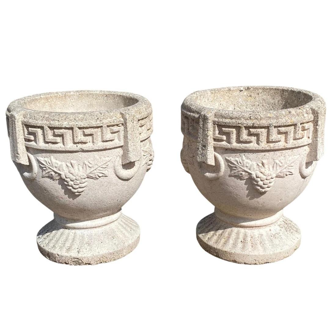 Vintage Greek Classical Style Concrete Greek Key Garden Flower Planter Pot, Pair For Sale