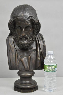 Vintage Greek Classical Style Patinated Cast Bronze Bust Sculpture of Homer