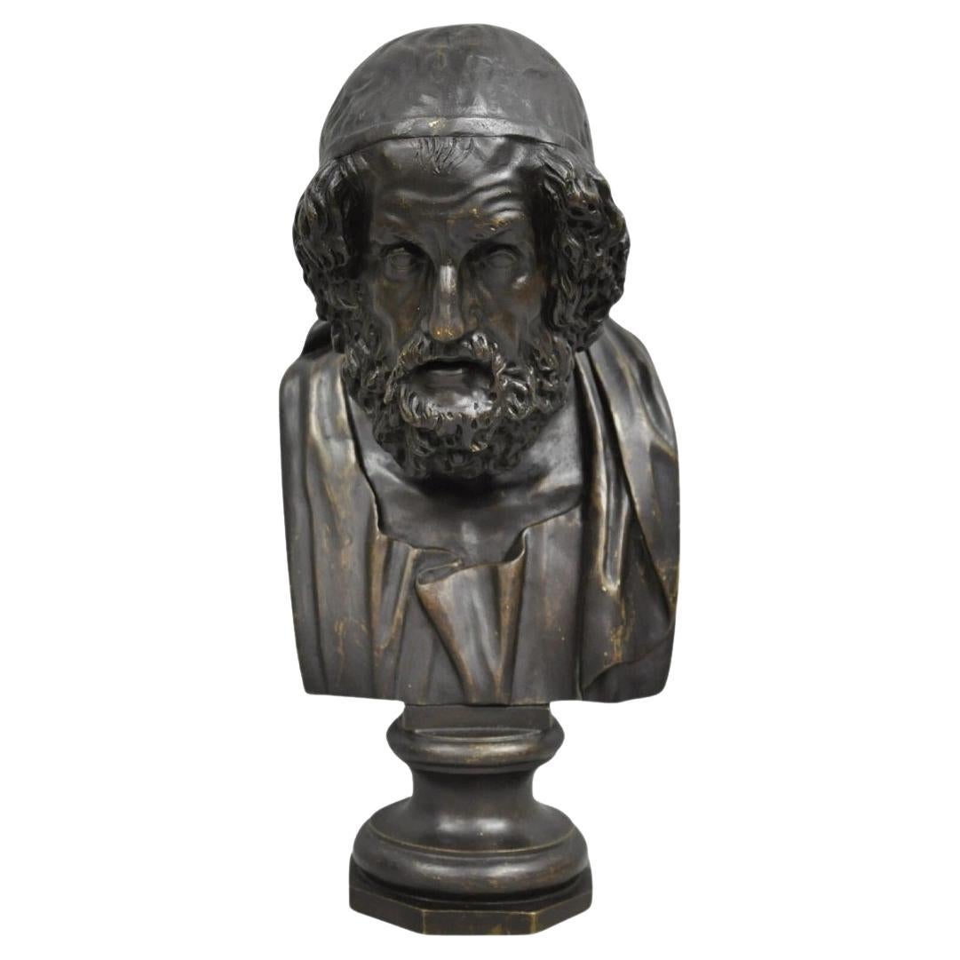 Vintage Greek Classical Style Patinated Cast Bronze Bust Sculpture of Homer