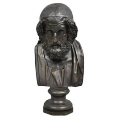 Vintage Greek Classical Style Patinated Cast Bronze Bust Sculpture of Homer
