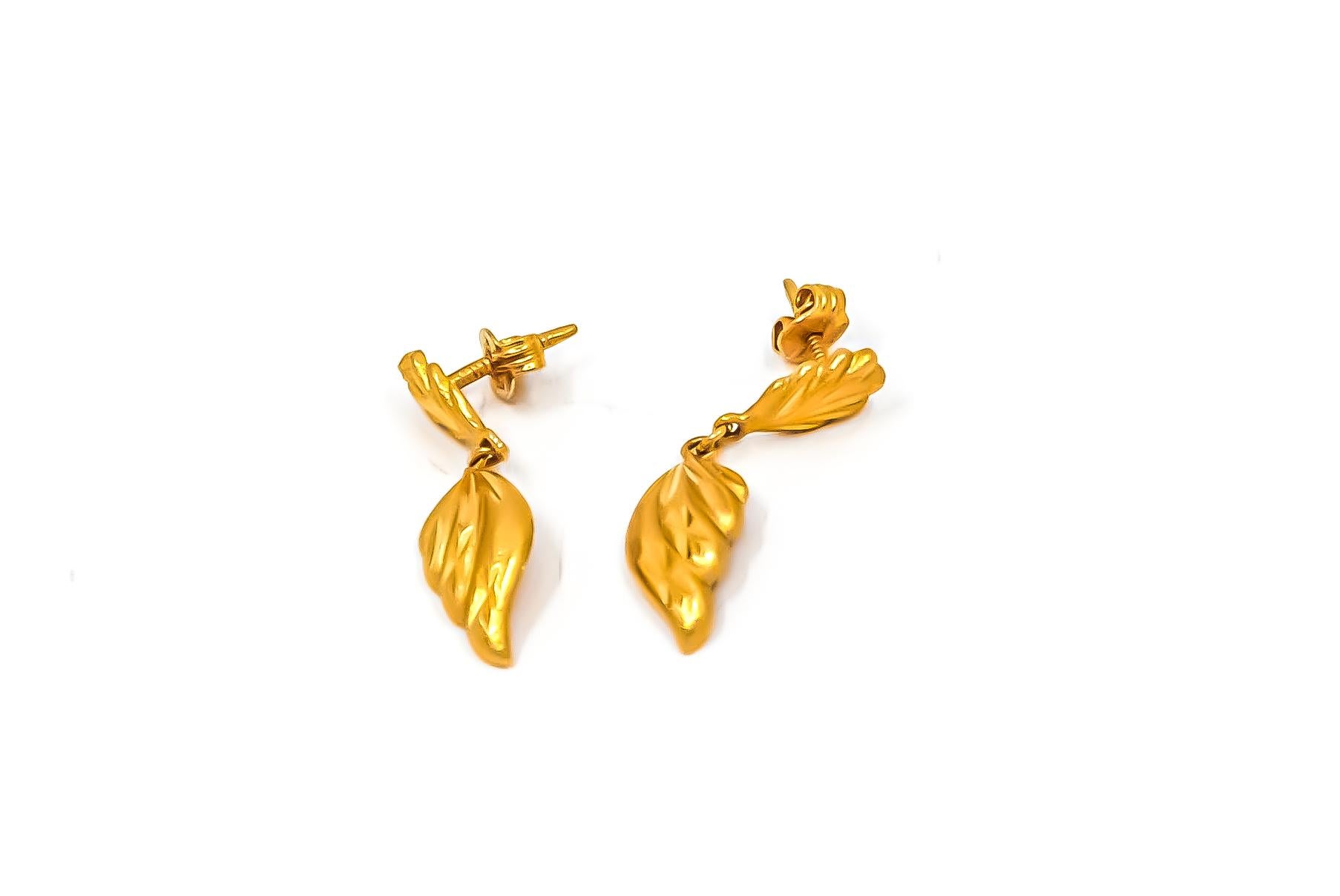 Vintage Greek Drop Earrings made in 22 Karat Yellow Gold dating back to 1960s.

Features:
Push back earrings
Brushed finishing with few polished front sides.

Dimensions
Length - 30mm
Width - 8mm
