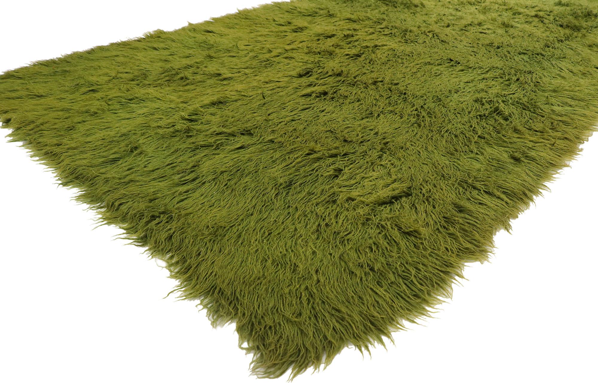 78061 vintage Greek Flokati rug with Modern Biophilic design 06'00 x 10'00. Effortless, elegant, and casual meets the eye in this hand-woven wool vintage Greek Flokati rug. The shaggy piled rug features earthy greenish hues and softly gradated