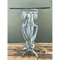 Vintage Greek Key Motif Metal and Glass Drinks Table