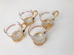 Vintage Greek Key Mugs with Brass Holders, Set of 4