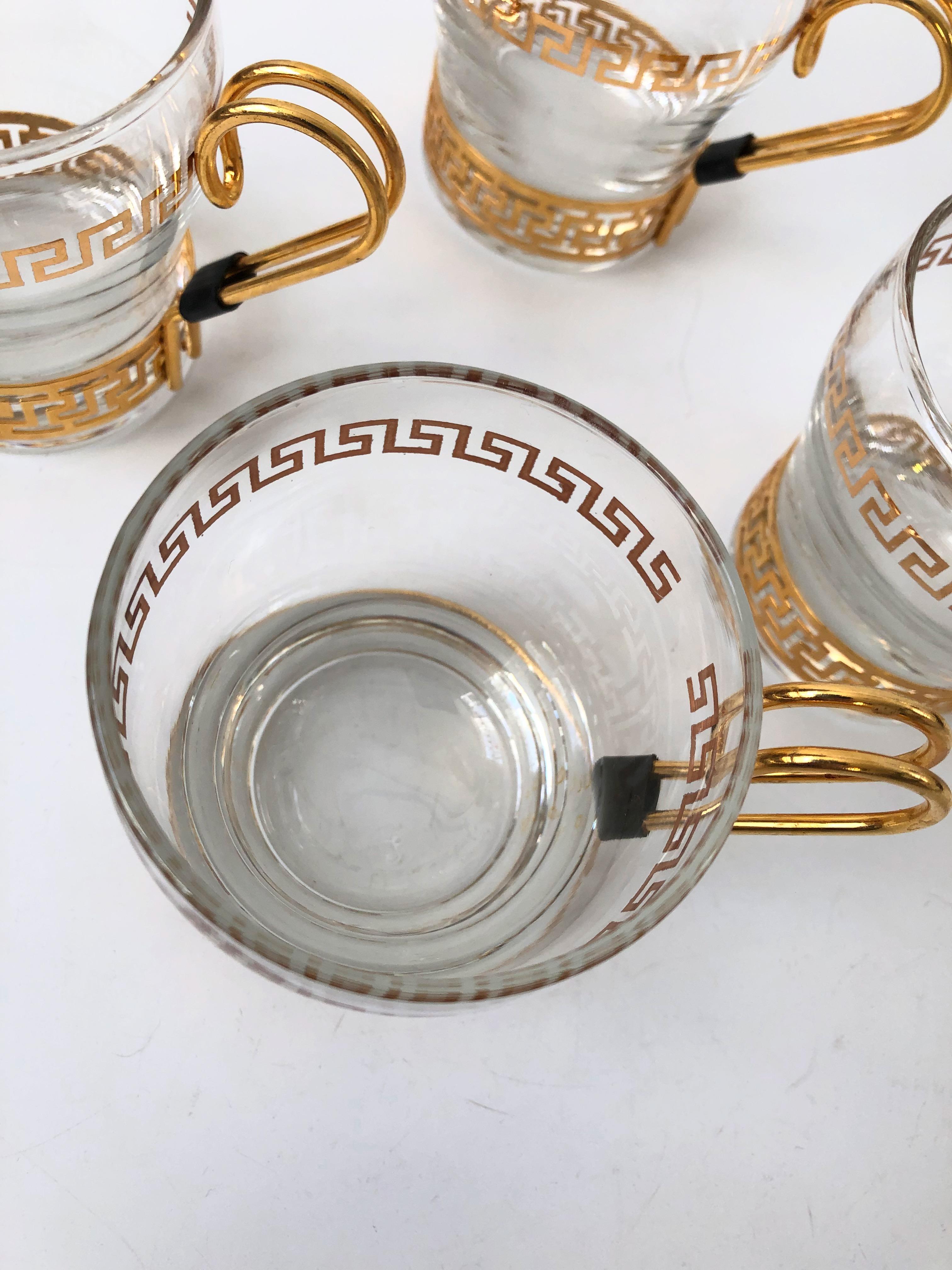 Hollywood Regency Vintage Greek Key Mugs with Brass Holders, Set of 4 For Sale