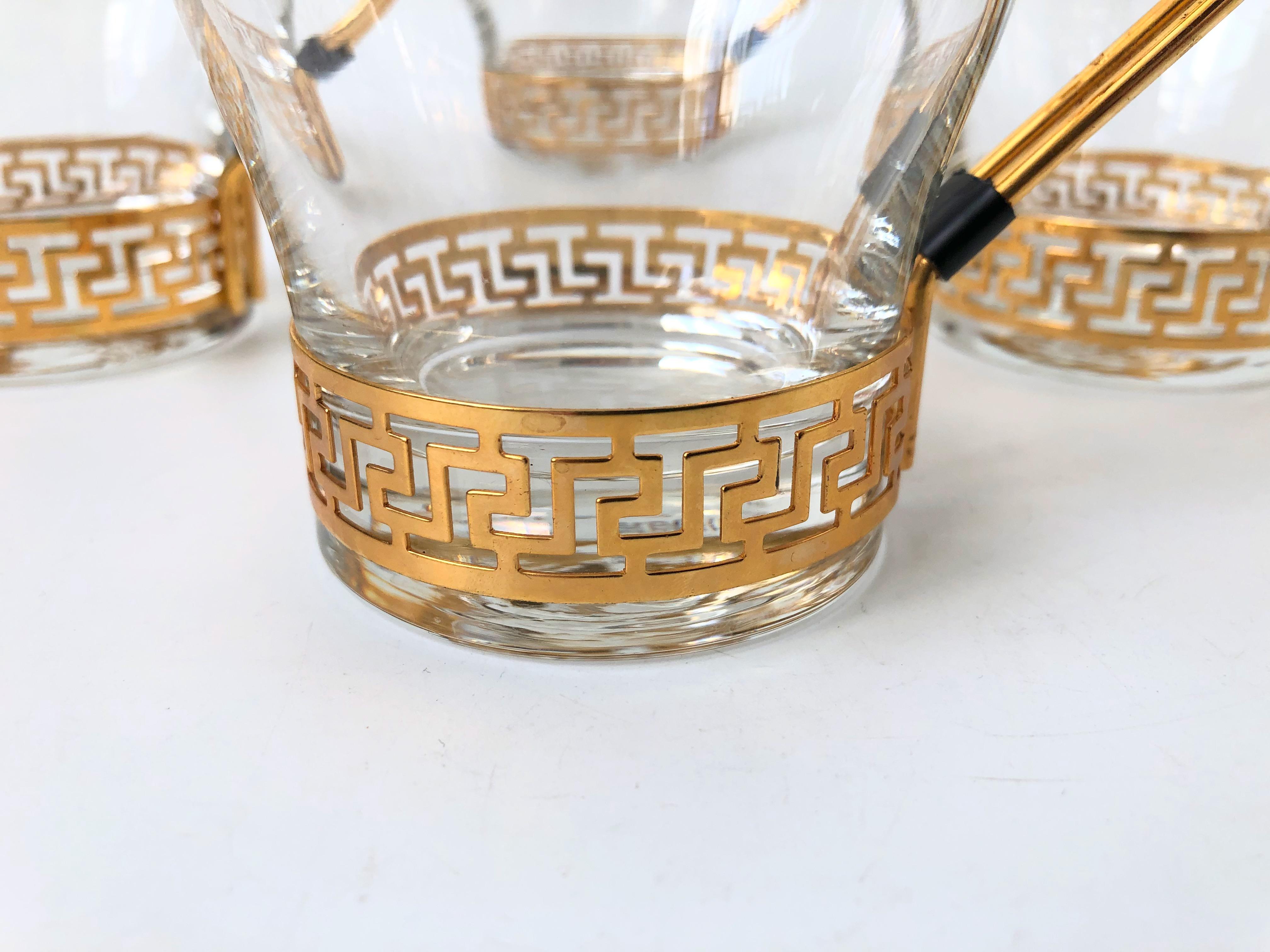 20th Century Vintage Greek Key Mugs with Brass Holders, Set of 4 For Sale