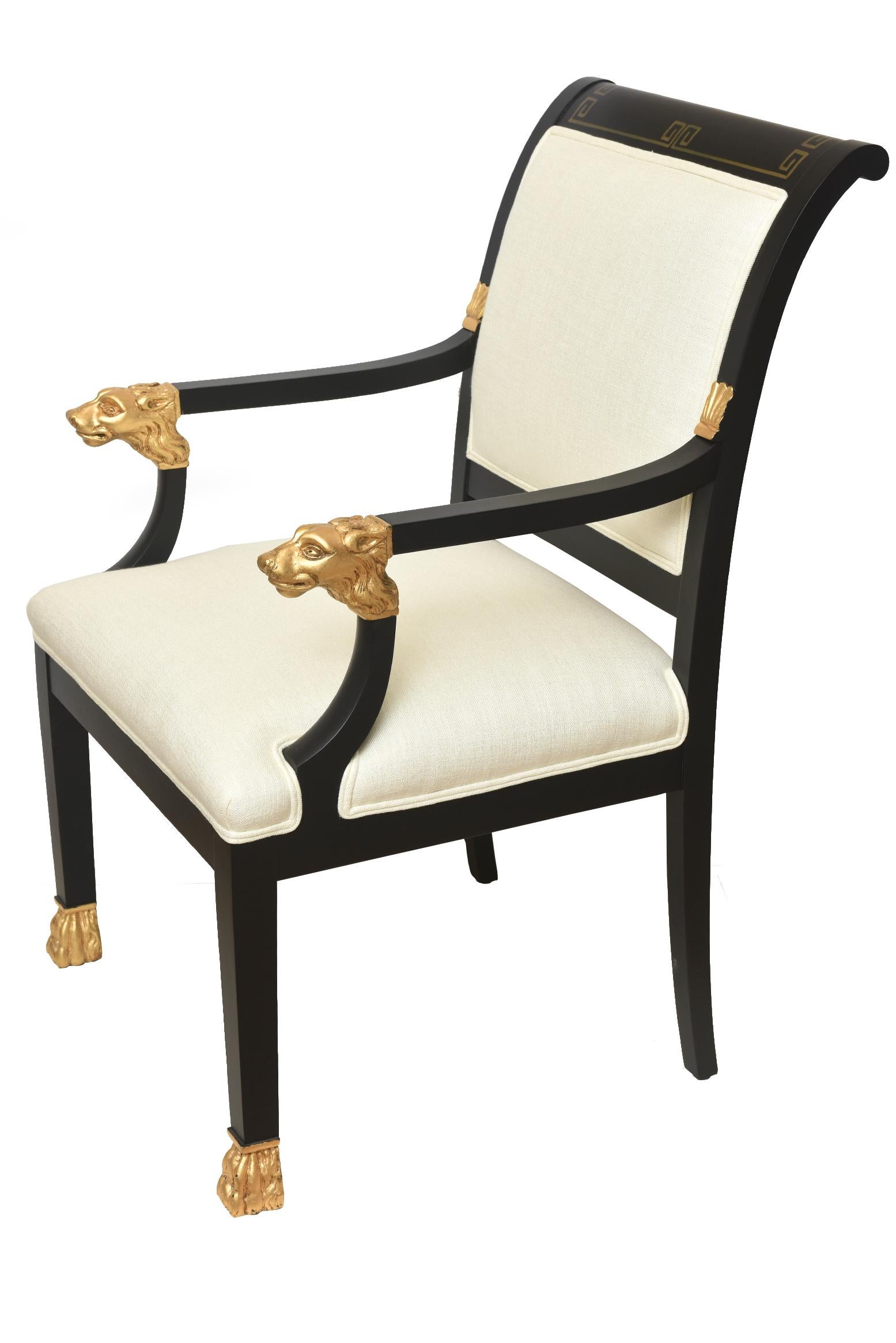 Regency Revival Greek Key and Ram's Head Regency Gold Leafed and Wood Upholstered Side Chair