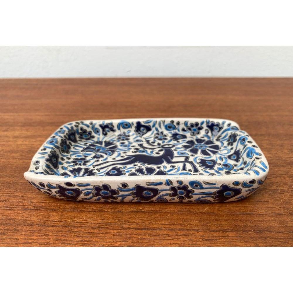 Vintage Greek Nassos Blue Handmade Ceramic Ashtray with Deer and Flower Ornament For Sale 7