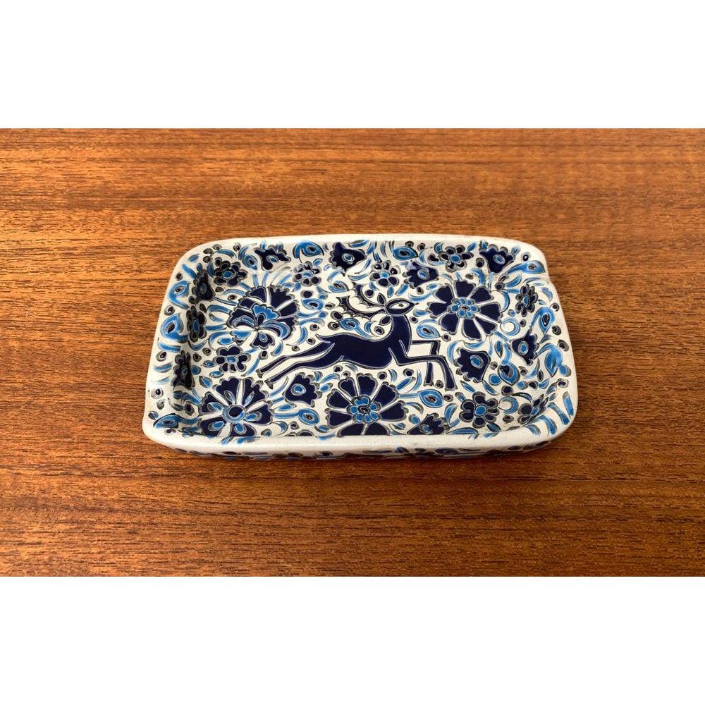 Vintage Greek Nassos Blue Handmade Ceramic Ashtray with Deer and Flower Ornament For Sale 8