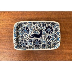 Cendrier grec vintage bleu Nassos fait à la main avec ornement de cerfs et de fleurs