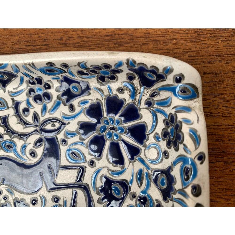 Vintage Greek Nassos Blue Handmade Ceramic Ashtray with Deer and Flower Ornament For Sale 2