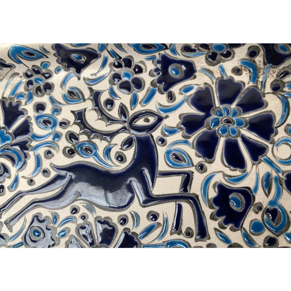 Vintage Greek Nassos Blue Handmade Ceramic Ashtray with Deer and Flower Ornament For Sale 3
