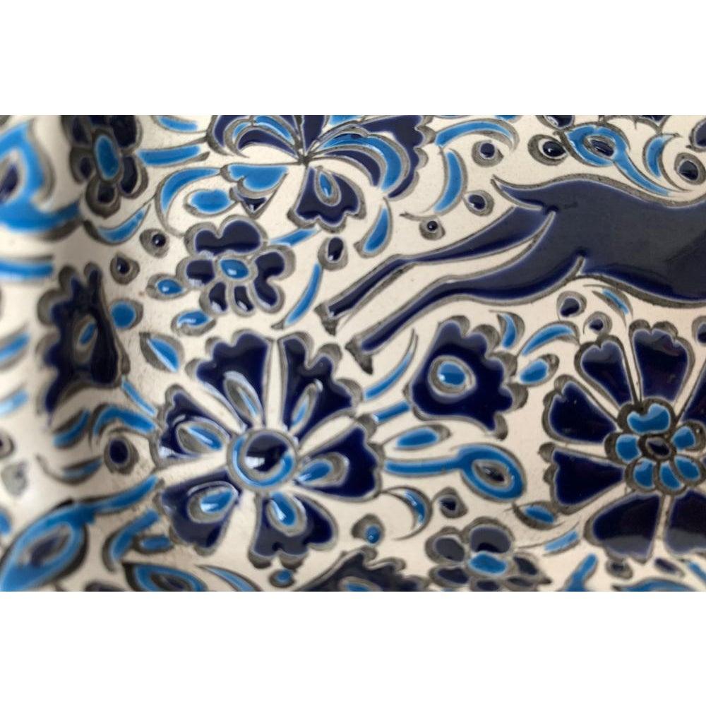 Vintage Greek Nassos Blue Handmade Ceramic Ashtray with Deer and Flower Ornament For Sale 4