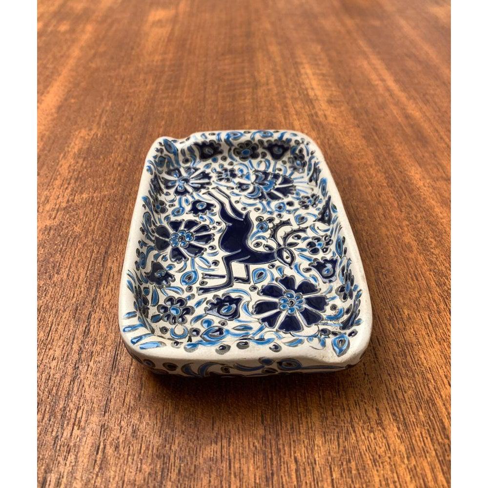 Vintage Greek Nassos Blue Handmade Ceramic Ashtray with Deer and Flower Ornament For Sale 5