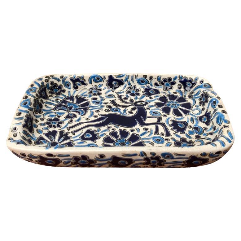 Vintage Greek Nassos Blue Handmade Ceramic Ashtray with Deer and Flower Ornament For Sale