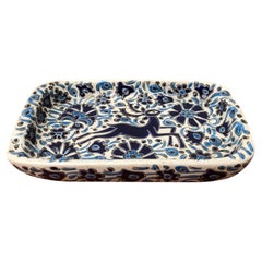 Cendrier grec vintage bleu Nassos fait à la main avec ornement de cerfs et de fleurs
