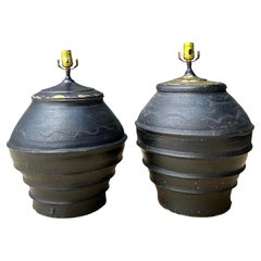 Vintage Greek Painted Terracotta Lamps - A Pair