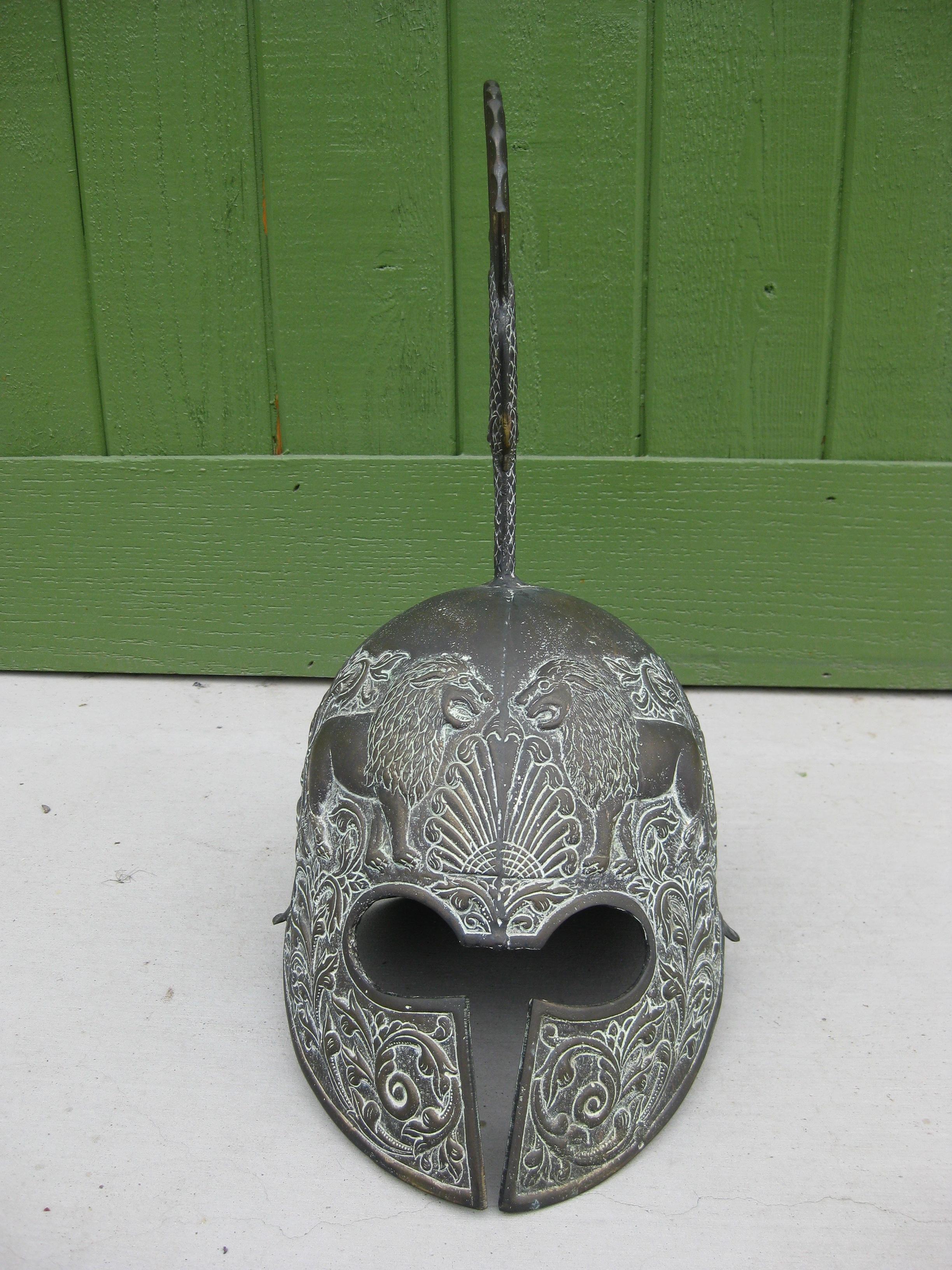 Exquisite hand crafted Greek bronze full size display helmet mode. This was made in the 1950's and probably from Italy. Wonderfull details and patina. Great design and form. No signatures or maker marks. In excellent original condition. Measures