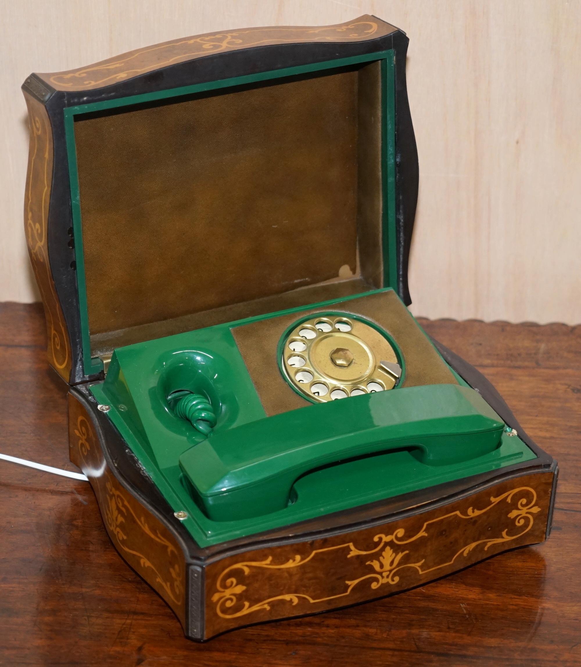 Vintage Green 1950s Telephone Inside Burr Walnut Marquetry Inlaid Box Rare Find 6