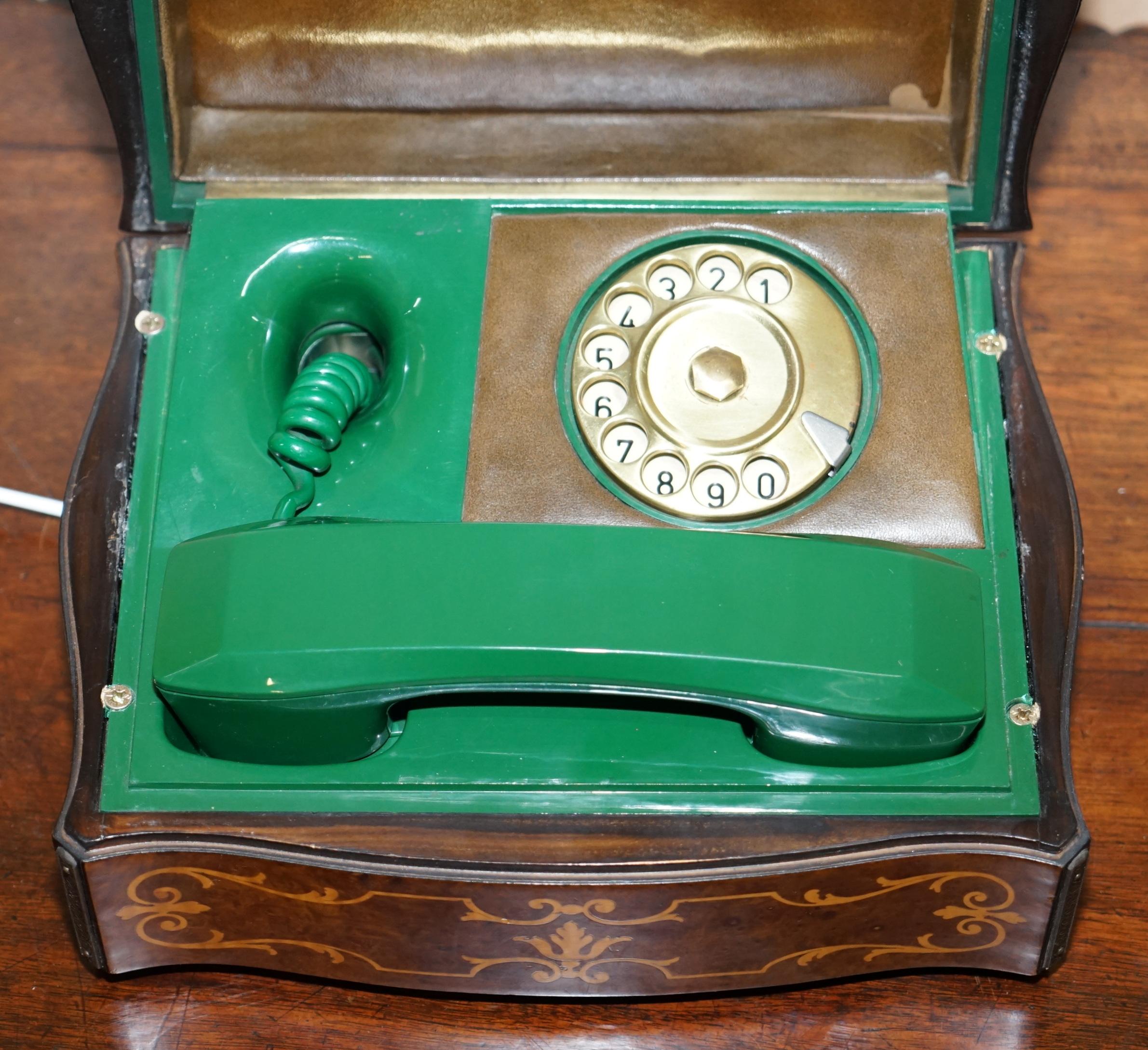 Vintage Green 1950s Telephone Inside Burr Walnut Marquetry Inlaid Box Rare Find 7
