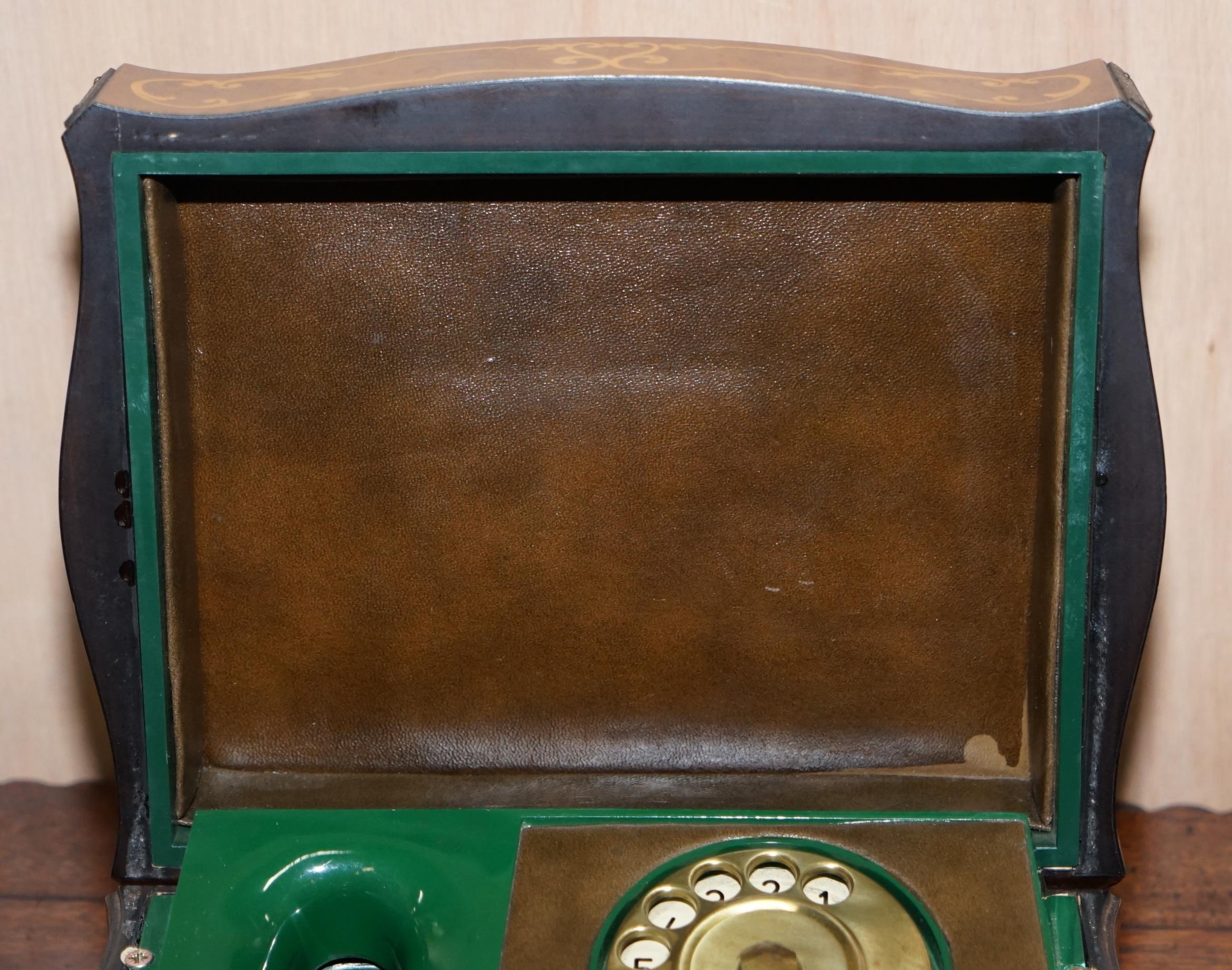 Vintage Green 1950s Telephone Inside Burr Walnut Marquetry Inlaid Box Rare Find 8