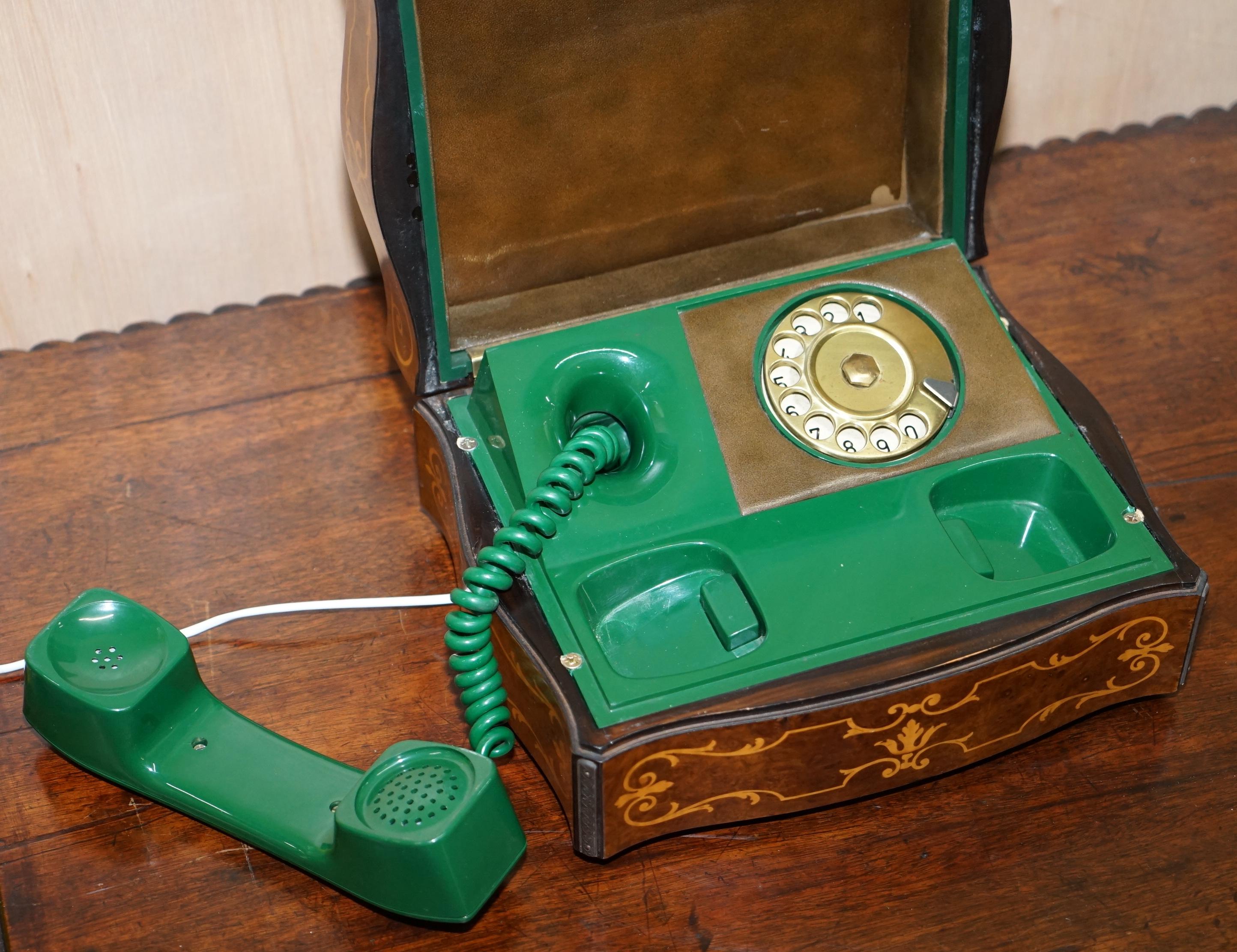 Vintage Green 1950s Telephone Inside Burr Walnut Marquetry Inlaid Box Rare Find 11