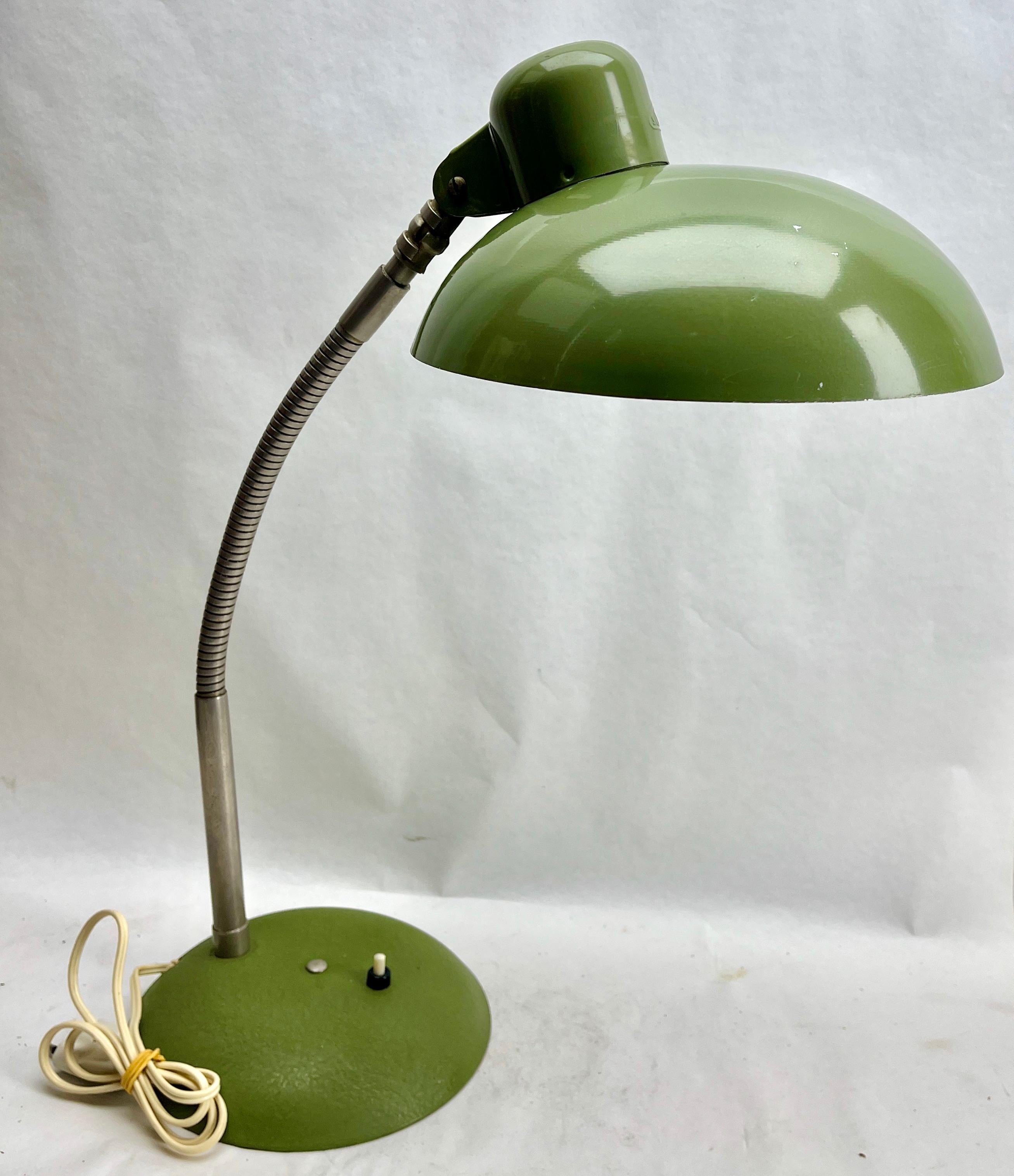 Metal Vintage Green Adjustable Desk/Side Table Lamp Signed by Sis, 1950s For Sale