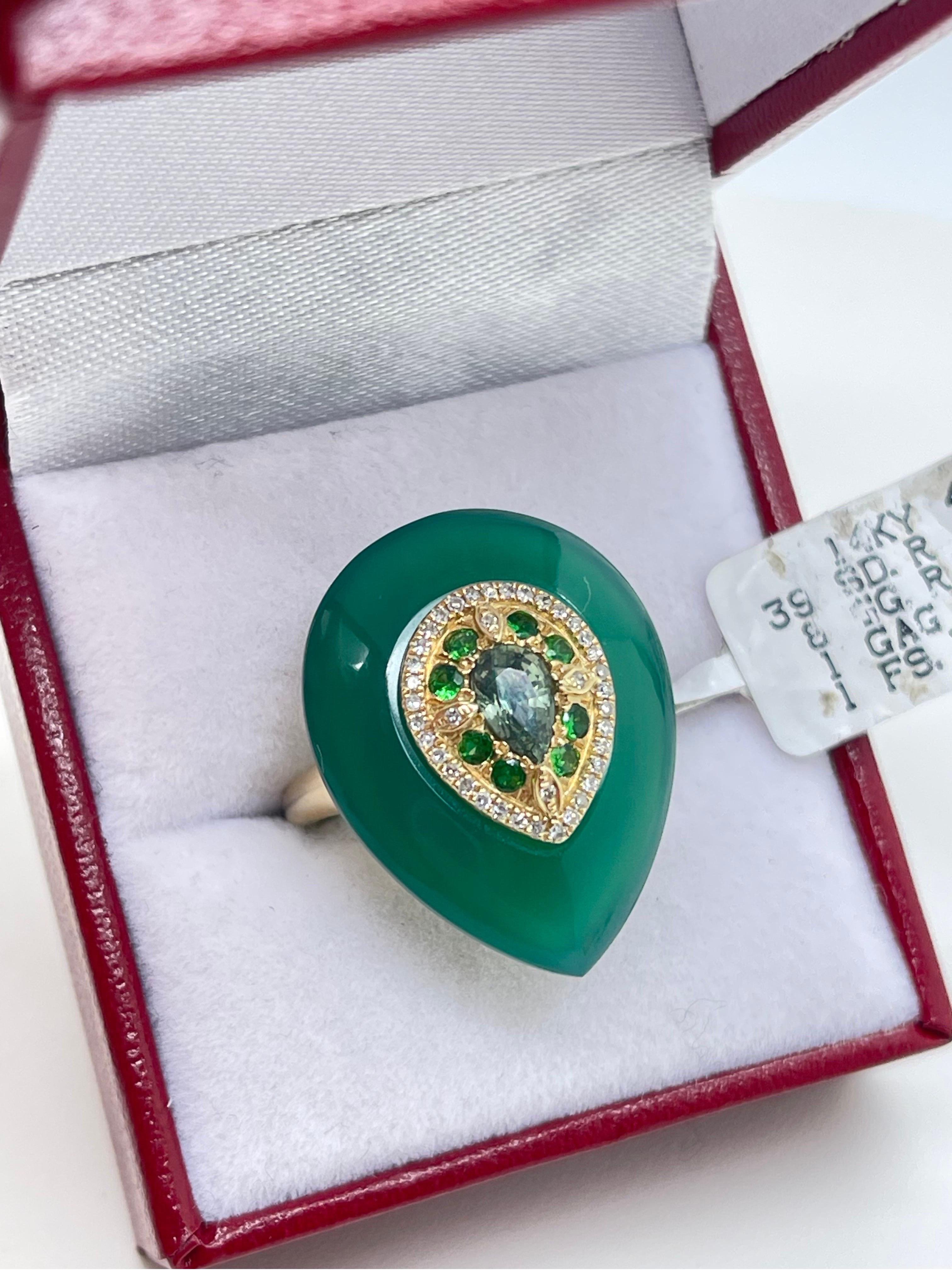 Vintage Green Agate, Emerald, Diamond & Green Garnet Ring In 14k In New Condition For Sale In Fort Lauderdale, FL