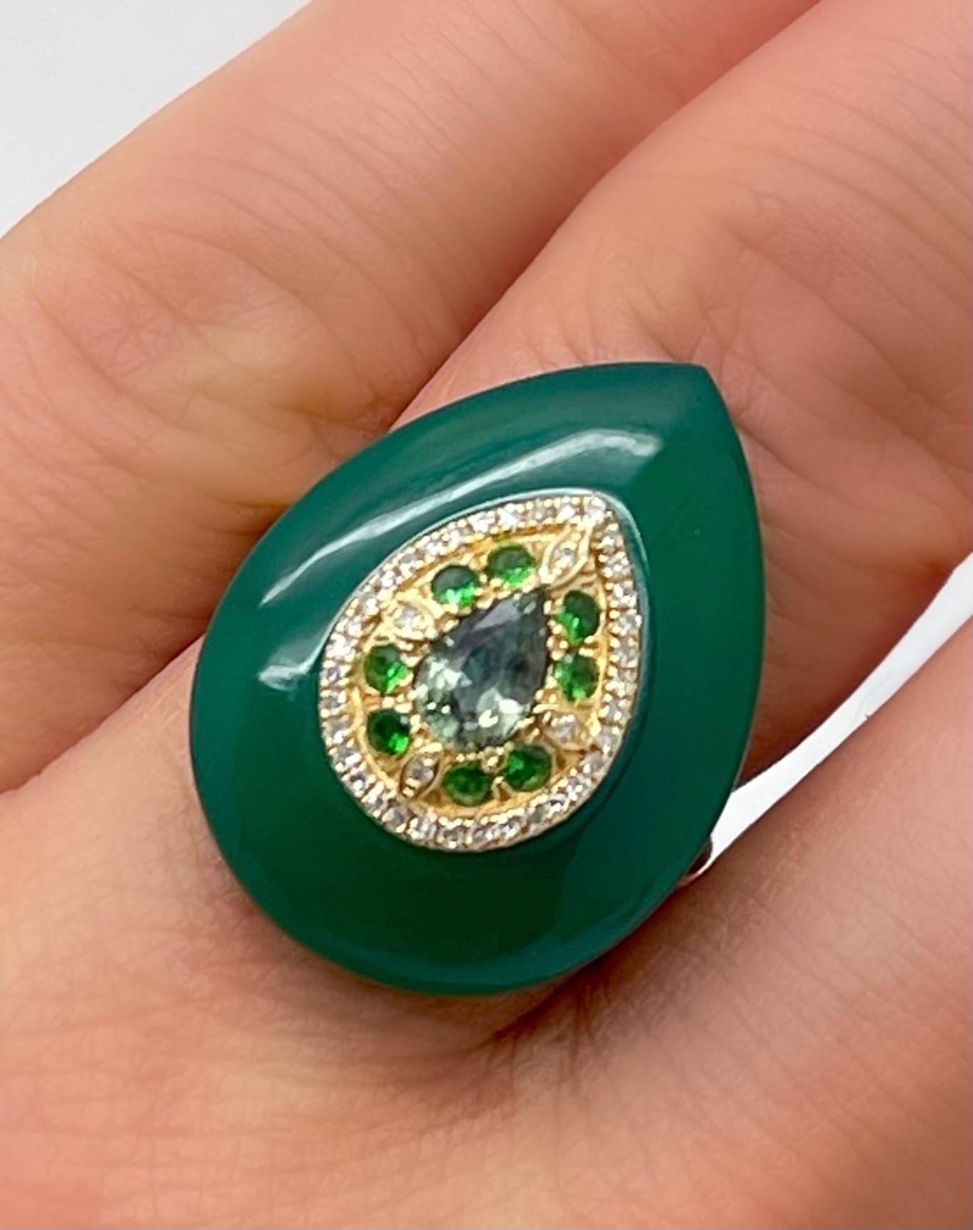 Ring aus 14 Karat grünem Achat, Smaragd, Diamant und grünem Granat im Angebot 2