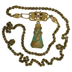 Vintage Green Amazonite & Brass Snake Charm Pendant Necklace 29"