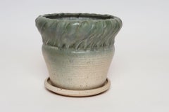 Vintage Green and Beige Speckled Ceramic Planter with Saucer by Deanna Nichols