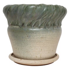 Vintage Green and Beige Speckled Ceramic Planter with Saucer by Deanna Nichols
