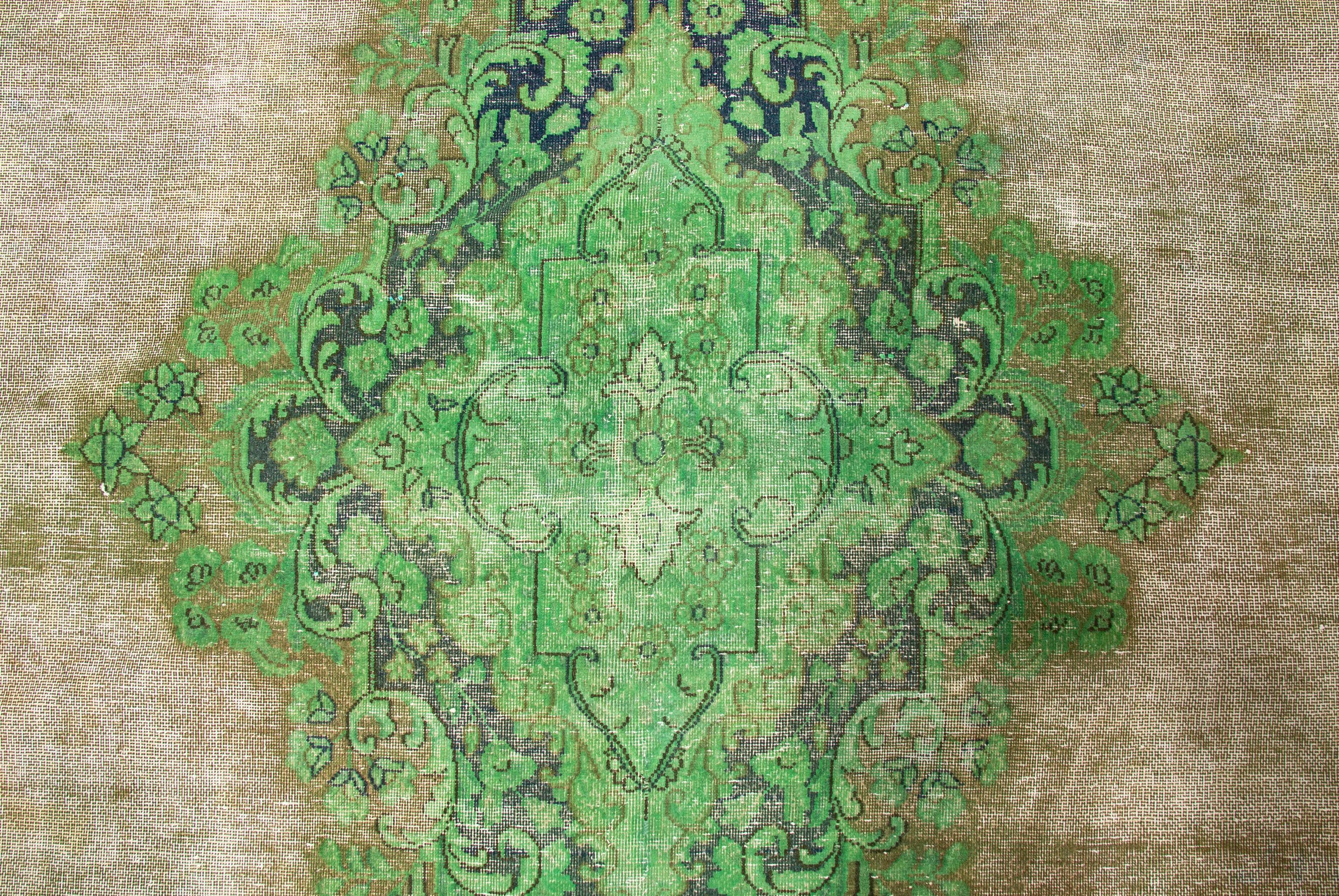 Hand-Woven Vintage Green and Biege Turkish Oushak For Sale