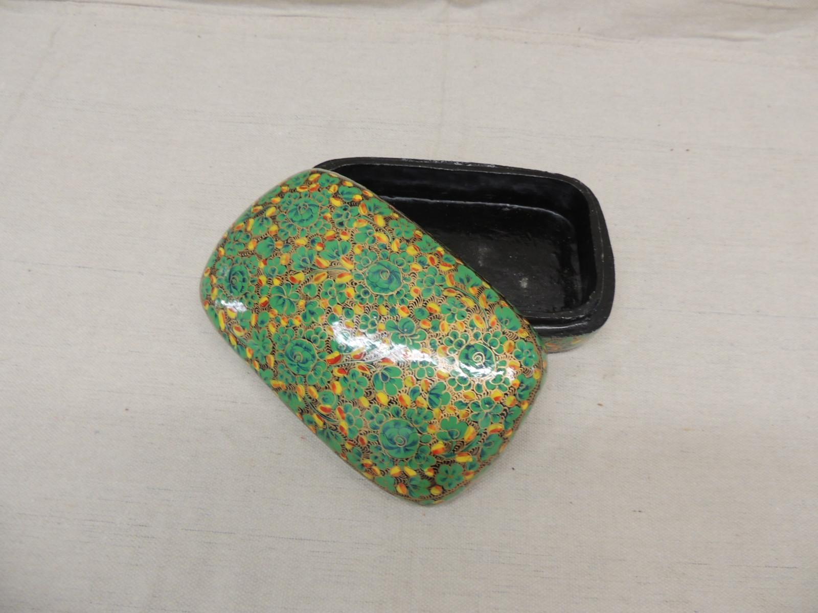 Vintage green and black Kashmir papier mâché box.
Size: 4.5” D x 7.5” L x 2.5” H.
  