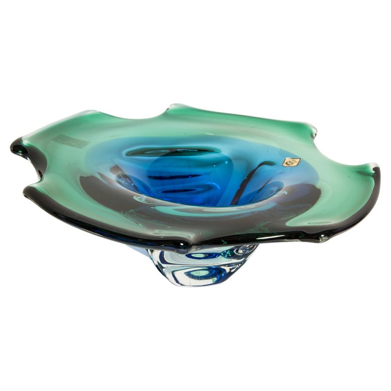 Vintage Green and Blue Decorative Crystal Glass Plate, Italy, 1960s For