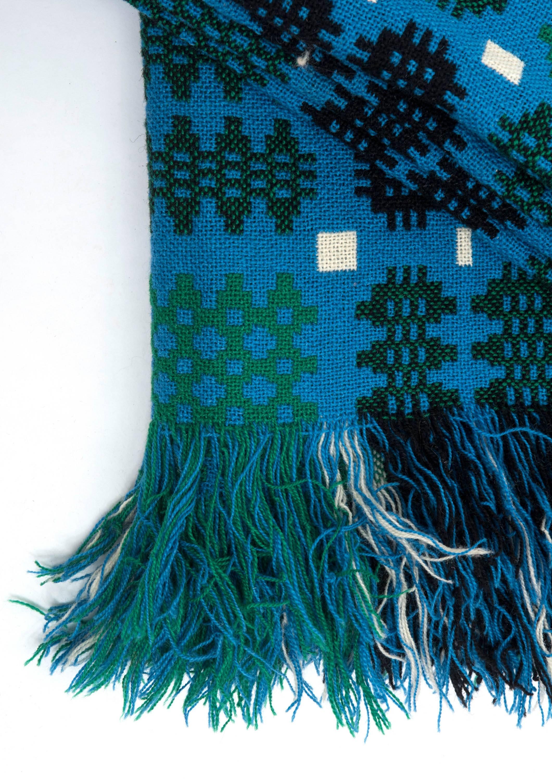 Welsh Vintage Green and Blue Double Blanket from Trefriw Mill, Wales, circa 1970