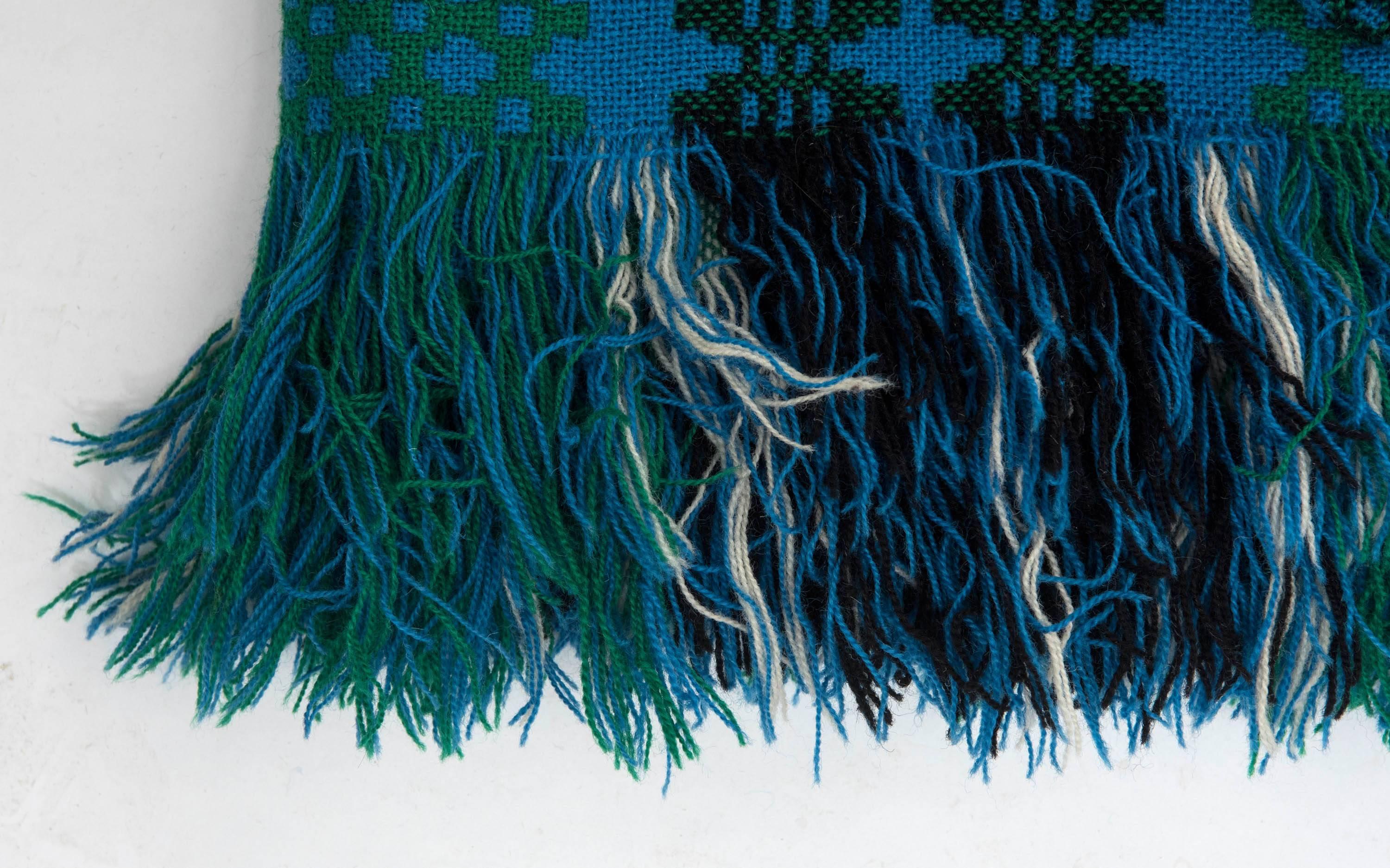 Hand-Woven Vintage Green and Blue Double Blanket from Trefriw Mill, Wales, circa 1970