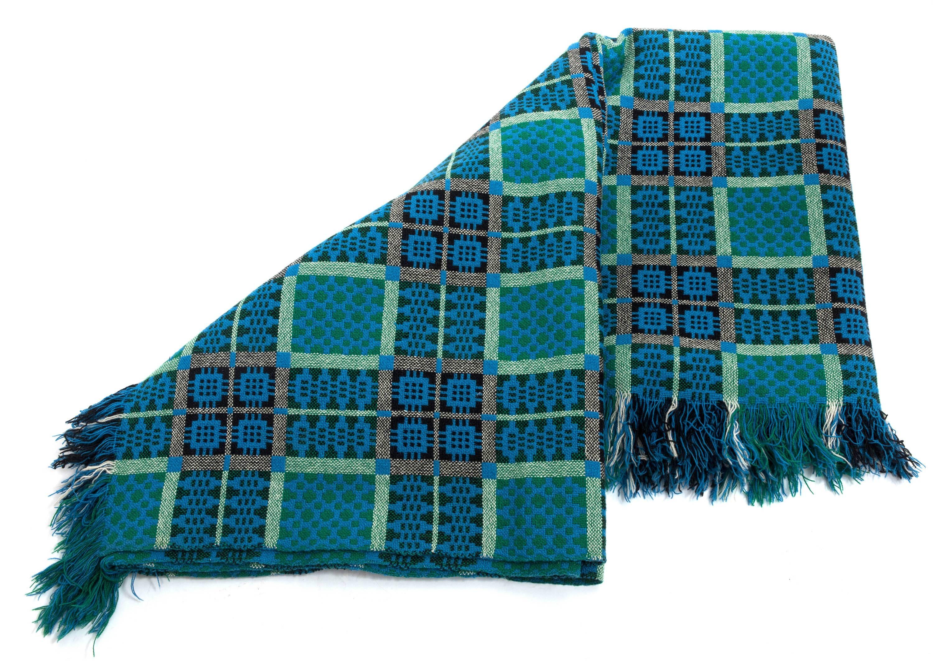 Wool Vintage Green and Blue Double Blanket from Trefriw Mill, Wales, circa 1970