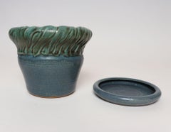 Vintage Green and Blue Incised Ceramic Planter with Saucer by Deanna Nichols